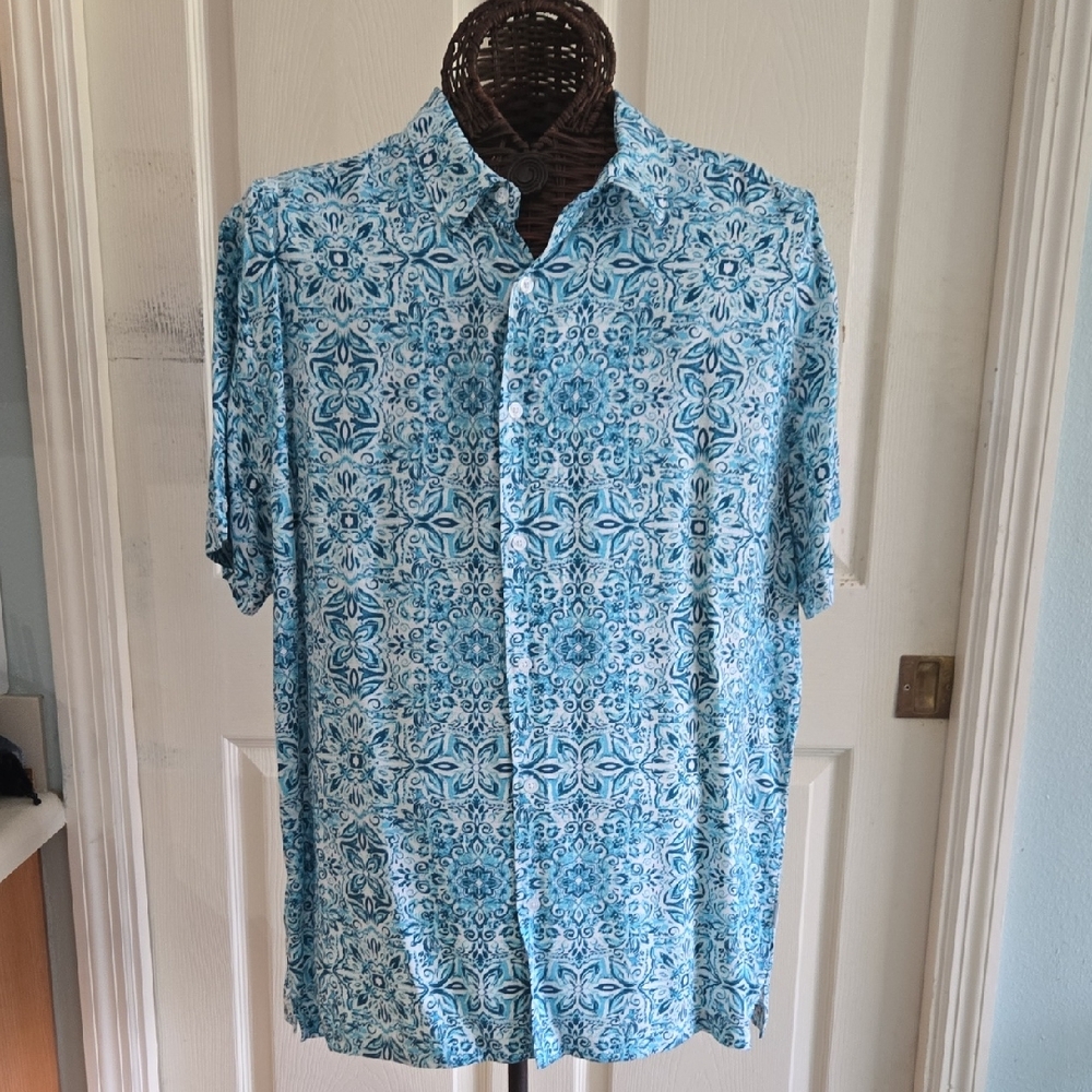 Cubavera Teal and White Floral Button Down Shirt-Size L